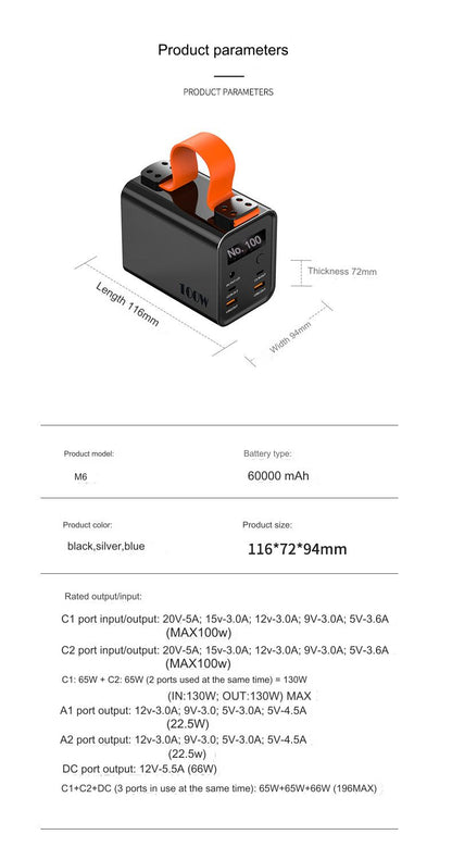 100w 60000mah fast charging power bank outdoor power supply parameters