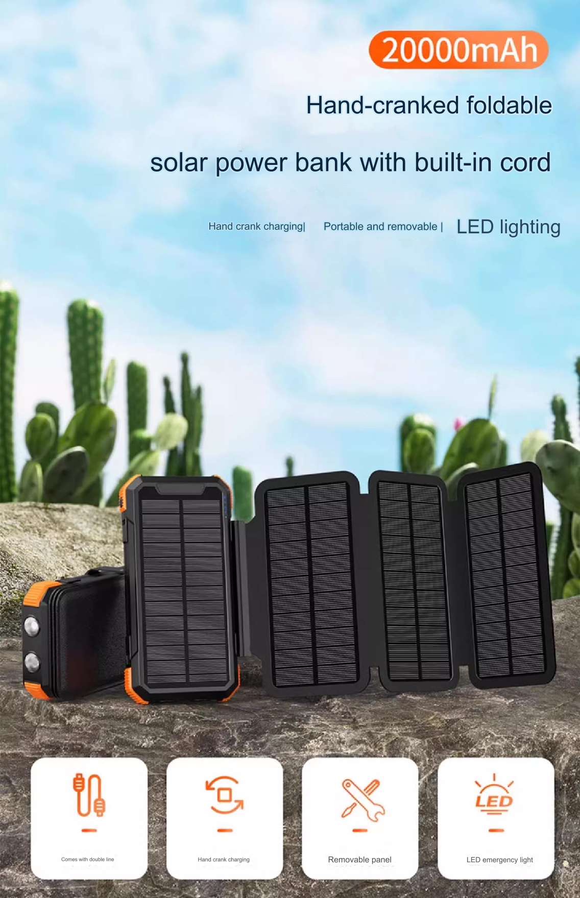 20000mAh Solar Power Bank 6 Panels Dual Cables Emergency Features publicity pictures-8