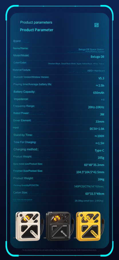 Beluga D8 Mini Bluetooth 5.3 Speaker parameters