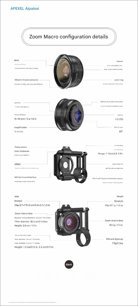 apexel zm100 zoom macro smartphone lens parameters