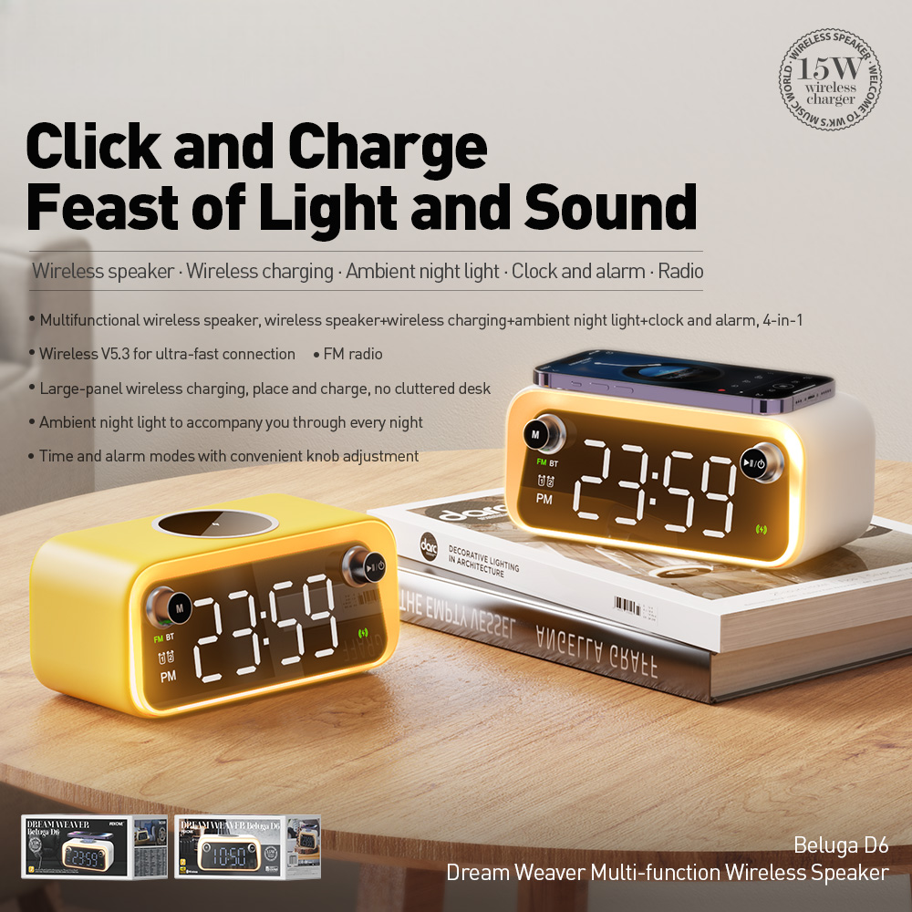 beluga-d6 dream weaver multi-function wireless speaker charging nightlight clock publicity pictures-