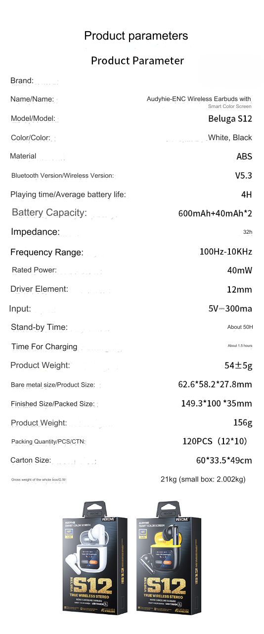 beluga s12 audyhie enc wireless earbuds parameters