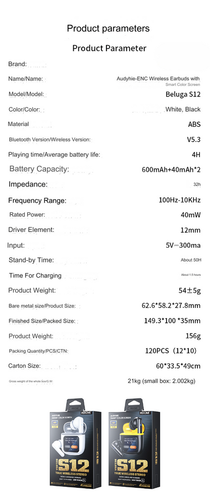 beluga s12 audyhie enc wireless earbuds parameters