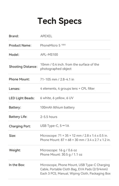 cw apexel 100x smartphone microscope with led and cpl publicity picture-23