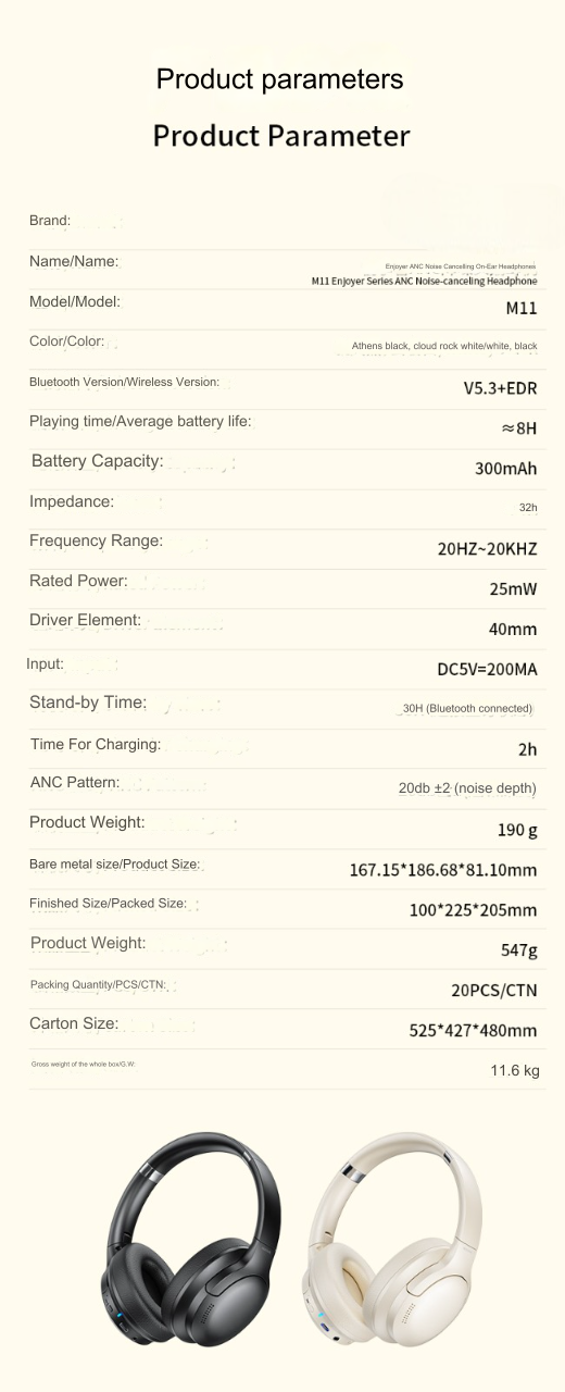 m11 enjoyer series anc noise canceling wireless headphone bluetooth parameters