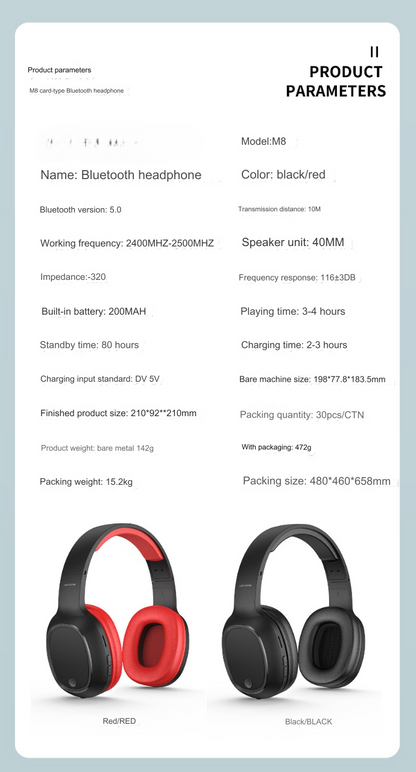 m8 wireless headset bluetooth v5 0 2 parameters