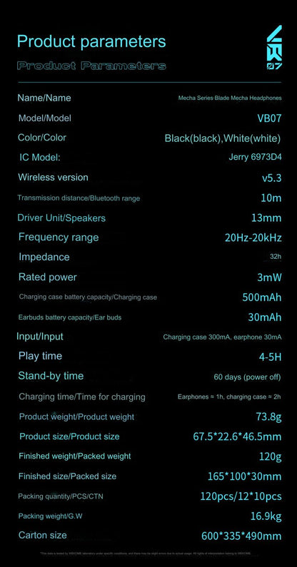 vb07 tws earbuds bluetooth 5-3-13mm drivers parameters