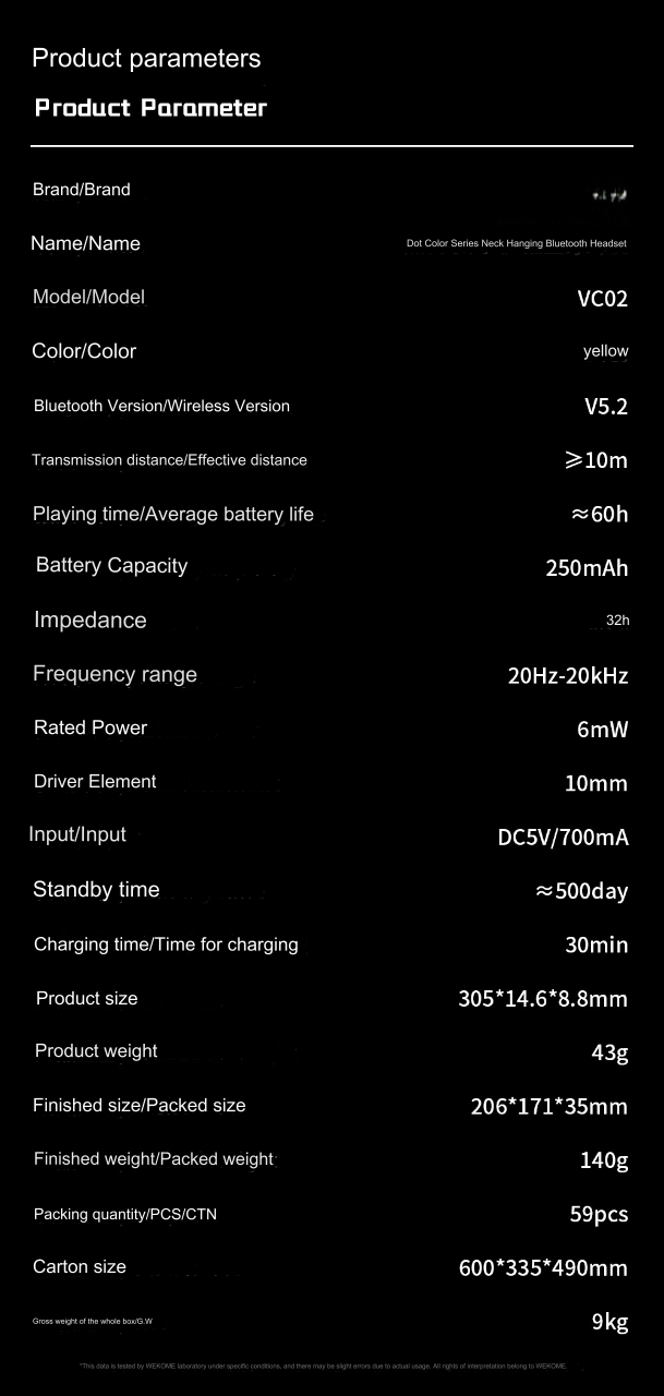 vc02  neckband  wireless headphones 60hr battery parameters