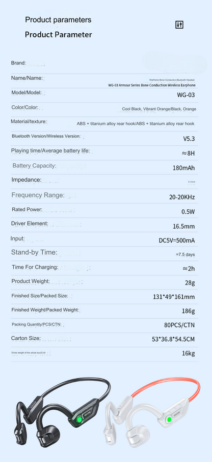 wg 03 armour series bone conduction wireless headphones 8hr battery dual device connection parameters