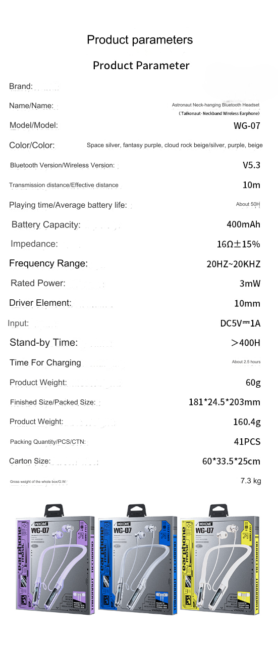 wg 07 taikonaut neckband wireless headphones 50hr battery bluetooth parameters