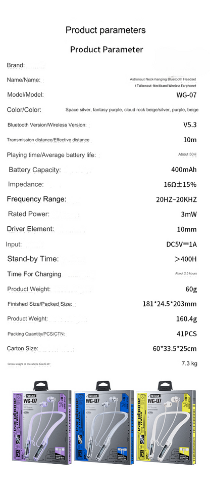 wg 07 taikonaut neckband wireless headphones 50hr battery bluetooth parameters