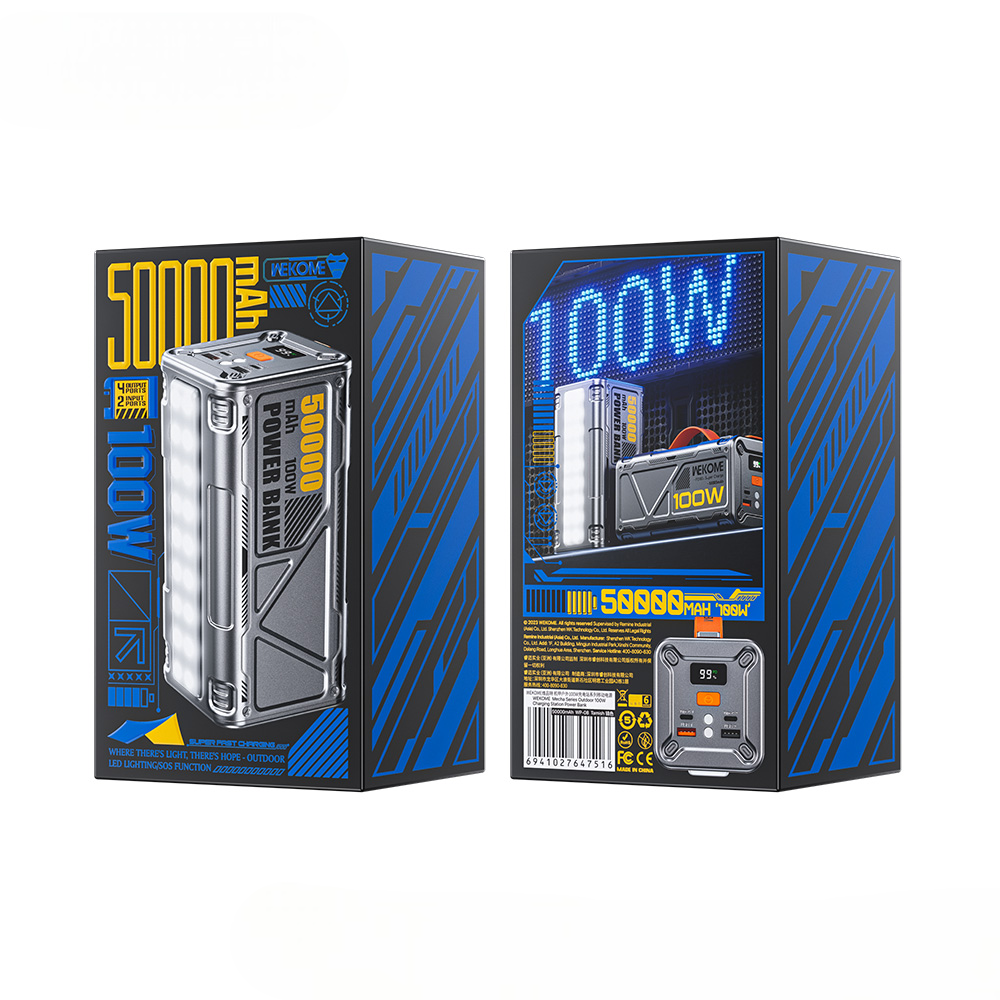 wp 08 mecha series 50000mah outdoor 100w charging station power bank led light sos function packging box-2