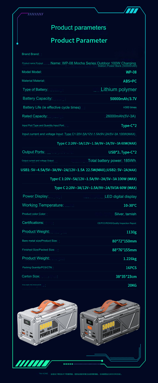 wp 08 mecha series 50000mah outdoor 100w charging station power bank led light sos function parameters