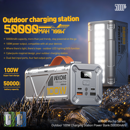 wp 08 mecha series 50000mah outdoor 100w charging station power bank led light sos function publicity pictures-1