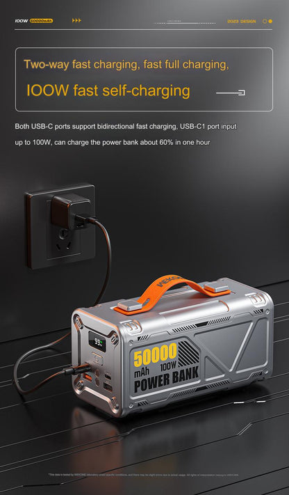 wp 08 mecha series 50000mah outdoor 100w charging station power bank led light sos function publicity pictures-2