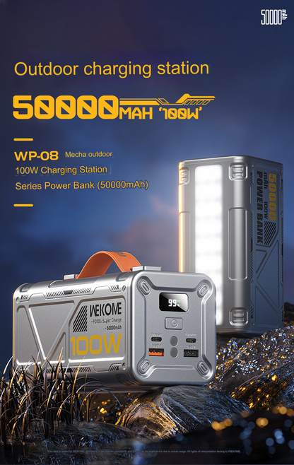 wp 08 mecha series 50000mah outdoor 100w charging station power bank led light sos function publicity pictures-3