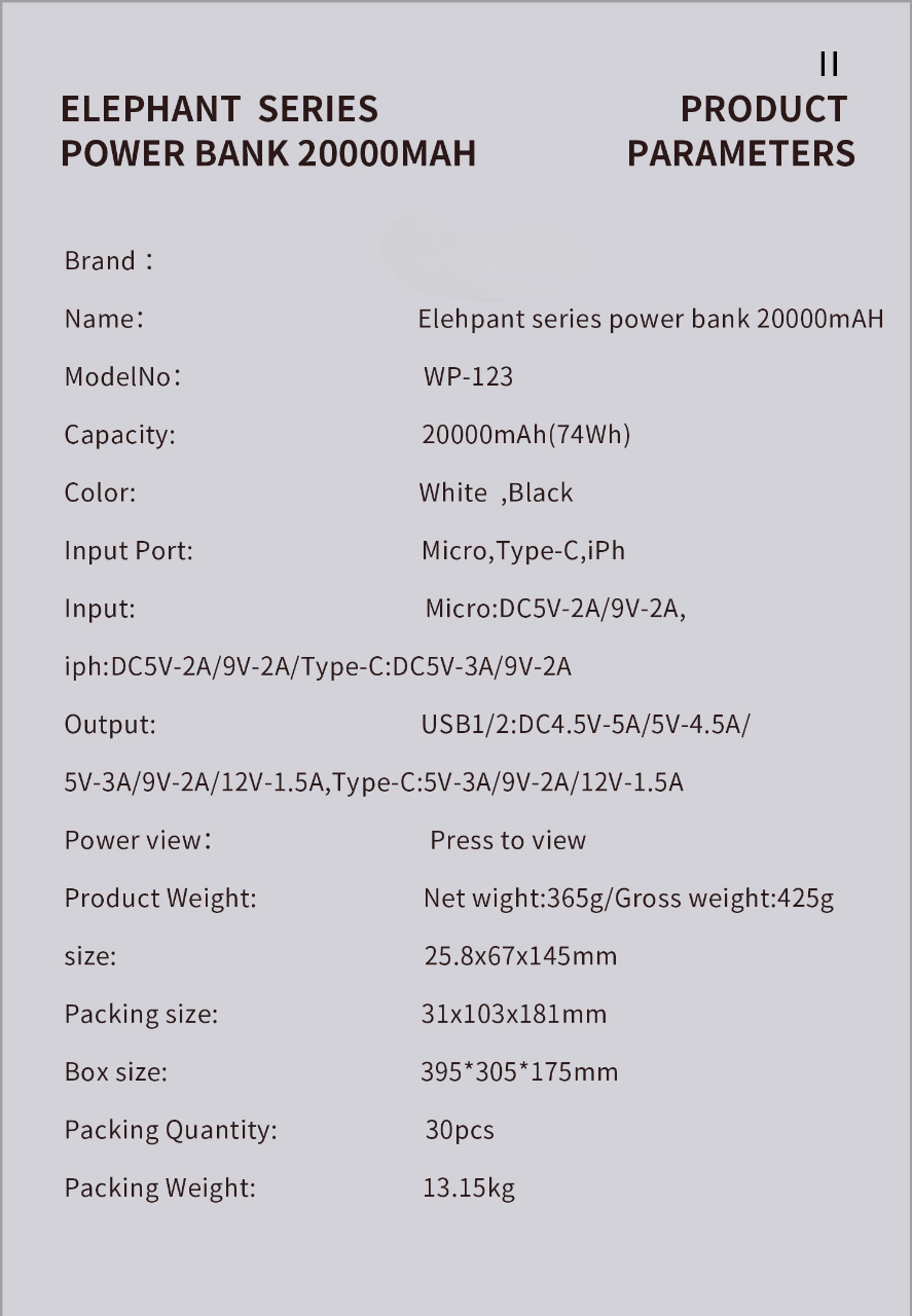 wp 123 elephant series 20000mah power bank multi port fast charging universal compatibility parameters