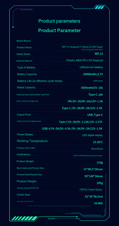 wp 13 vanguard v series 10000mah power bank 22.5w super fast charging fireproof design parameters