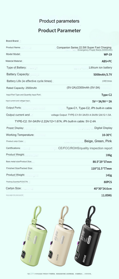 wp-19 5000mah emergency power bank 22.5w fast charger portable lithium polymer battery parameters