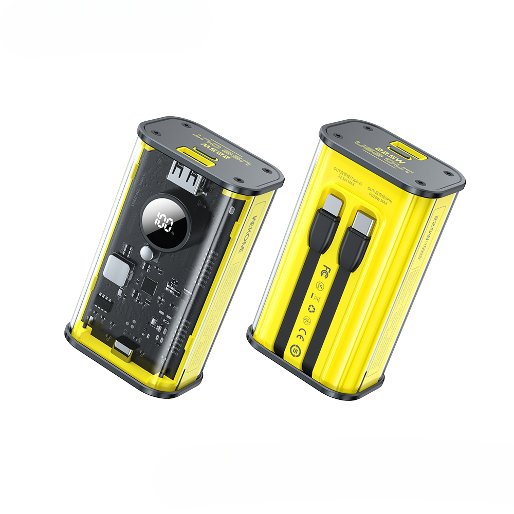 wp 345 10000mah vanguard fast charging power bank dual cable pd20w 22.5w support 
in yellow color