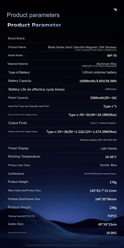 WP-79 10000mAh Ultra-thin Magnetic 15W Wireless Fast Charging Power Bank parameters