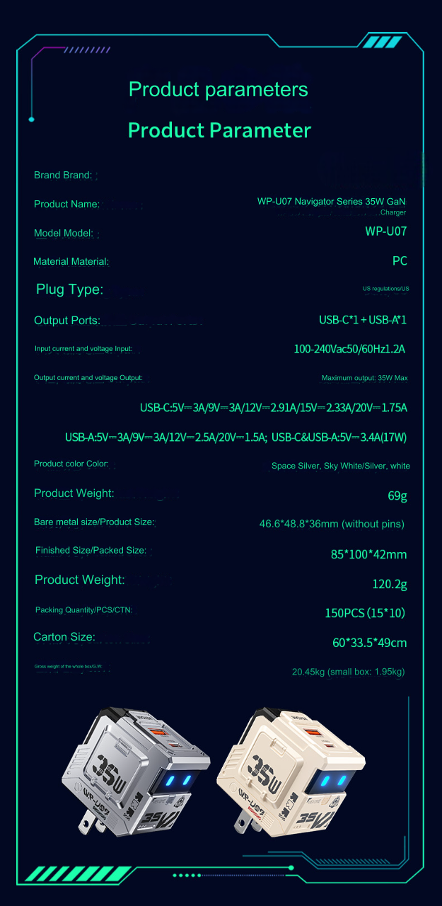 wp-u07 navigator series 35w gan charger single port us plug  parameters