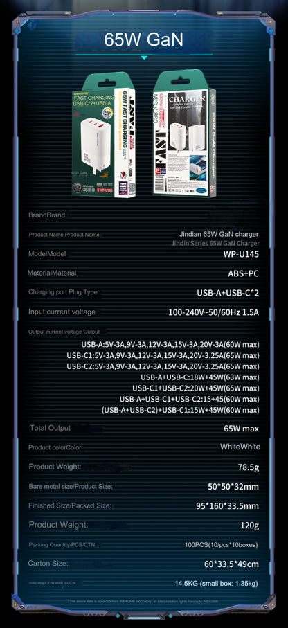 wp-u145 65w gan charger usb a 2x usb c ports us plug parameters