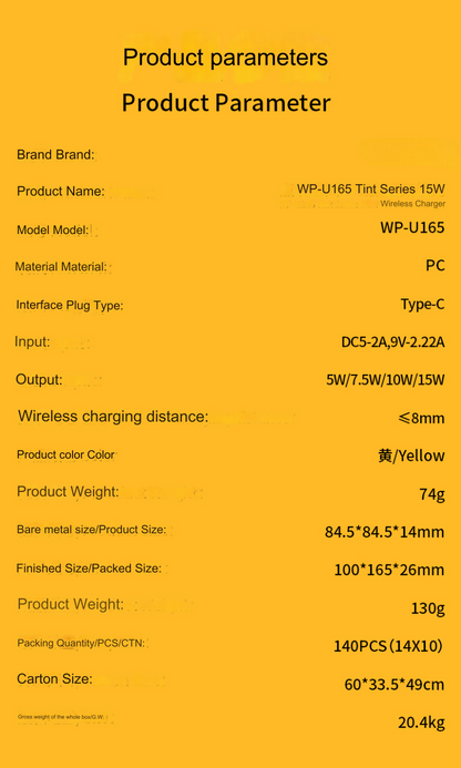 wp-u165 15w magnetic wireless charger fast sleek charging station parameters