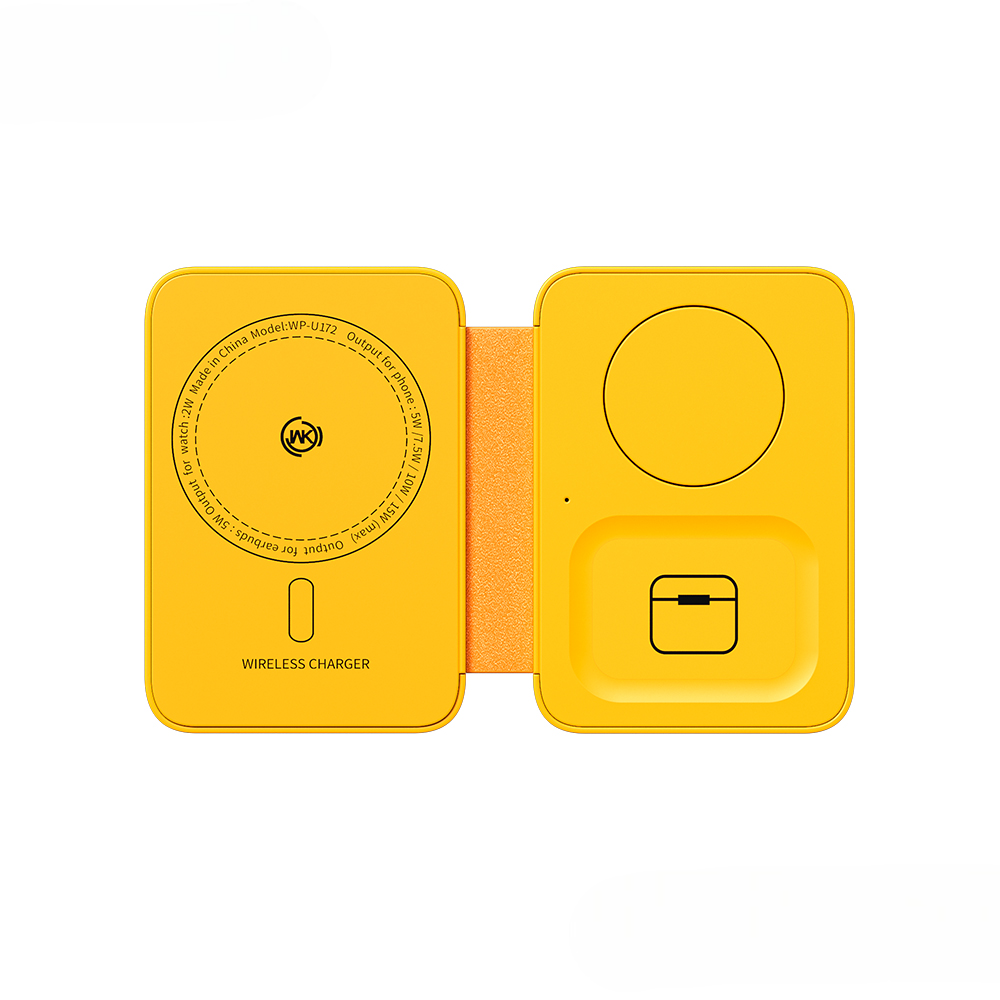 wp-u172 3-in-1 portable folding wireless charger 15w high power for phones watches headsets in yellow color