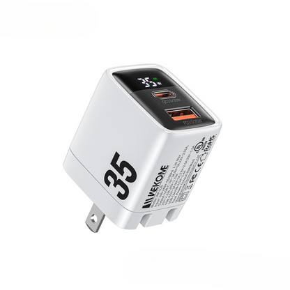 wp-u25 35w gan charger with display us plug fast efficient charging in white color