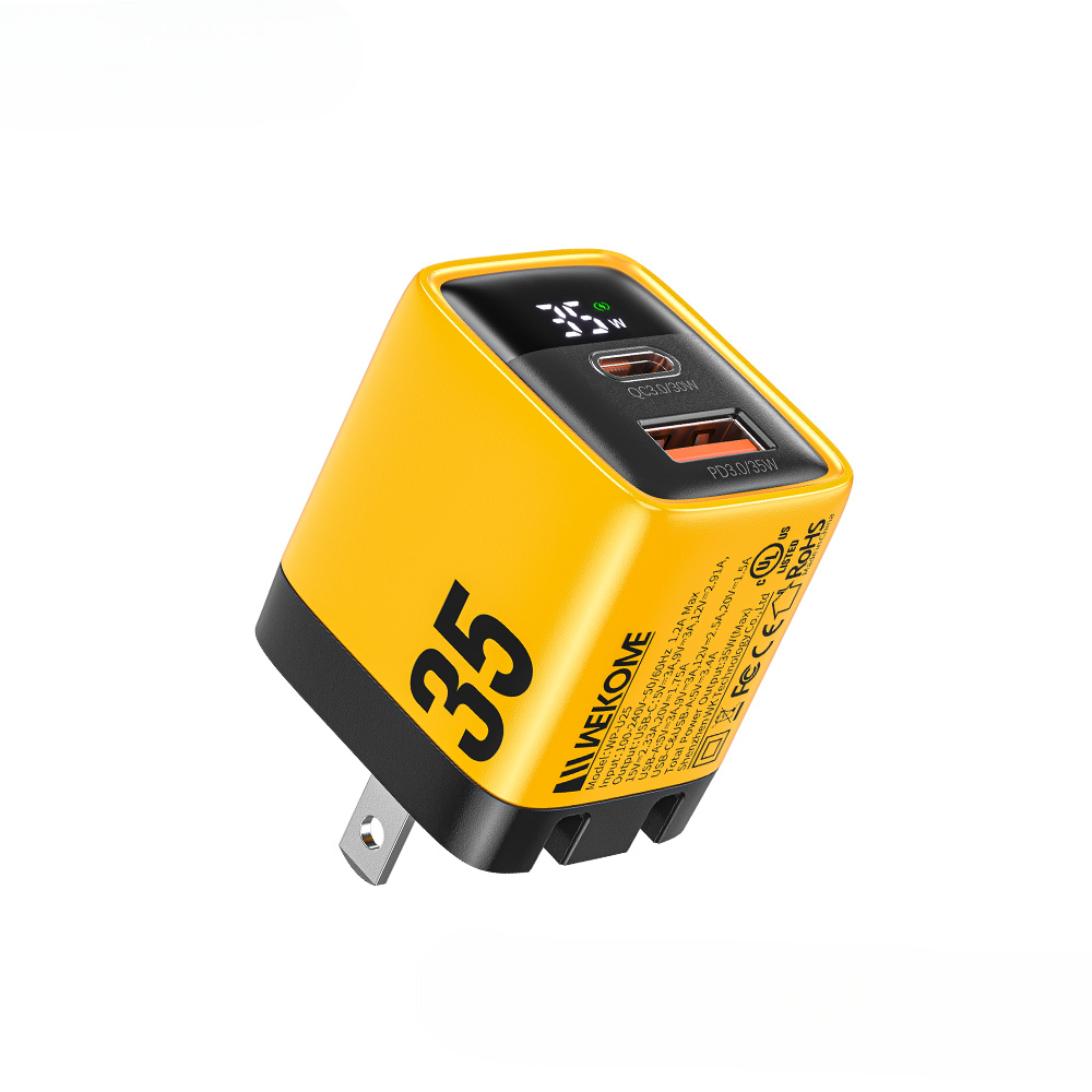 wp-u25 35w gan charger with display us plug fast efficient charging in yellow color