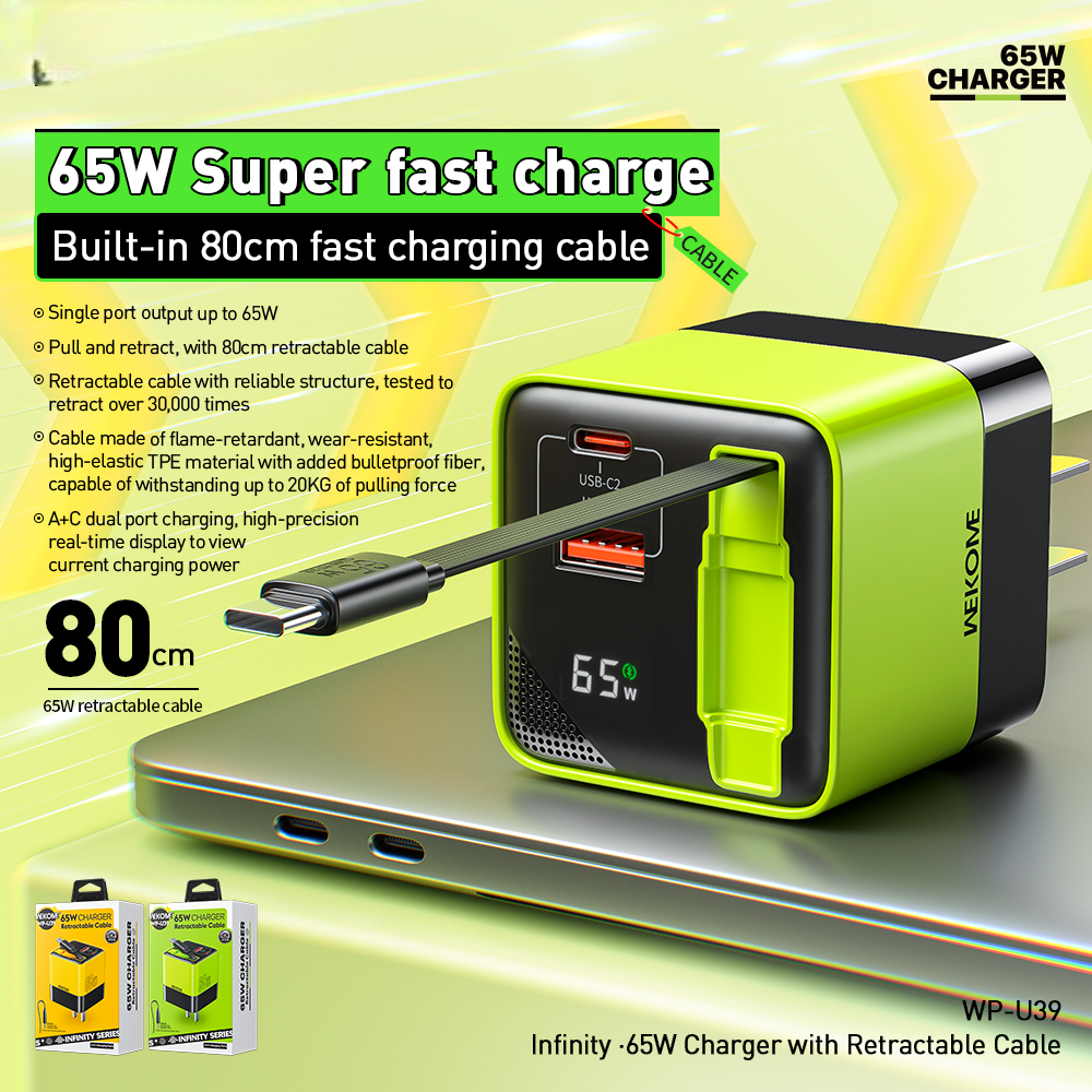 wp-u39 us infinity 65w charger with retractable cable multi port fast charging punlicity pictures-1