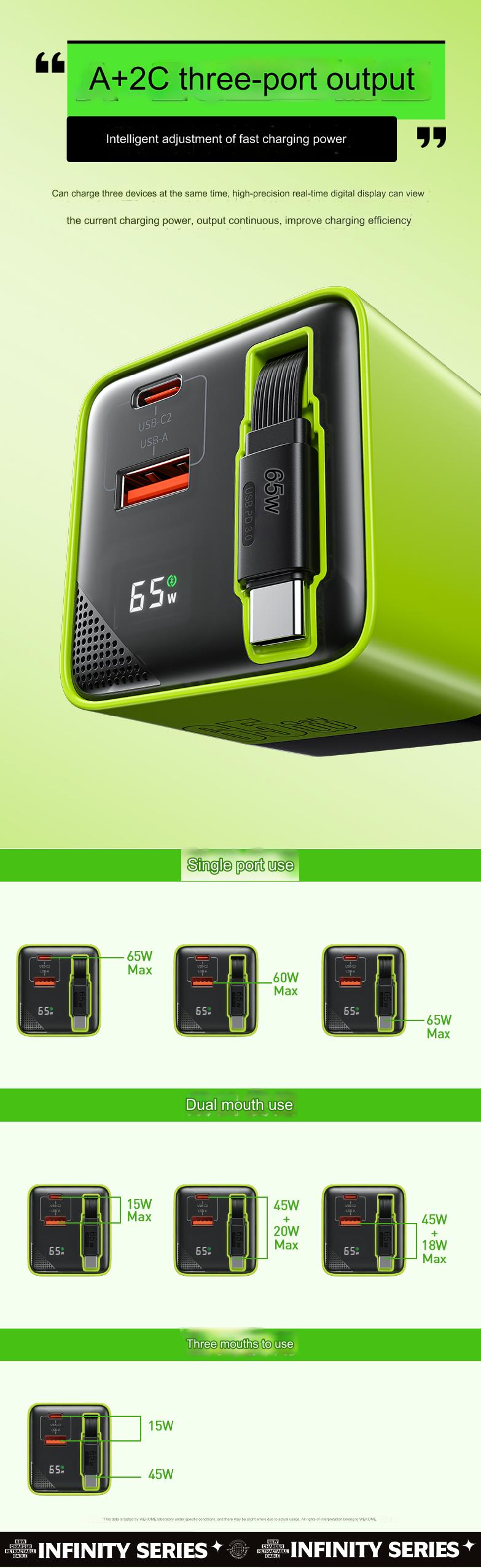 wp-u39 us infinity 65w charger with retractable cable multi port fast charging punlicity pictures-8