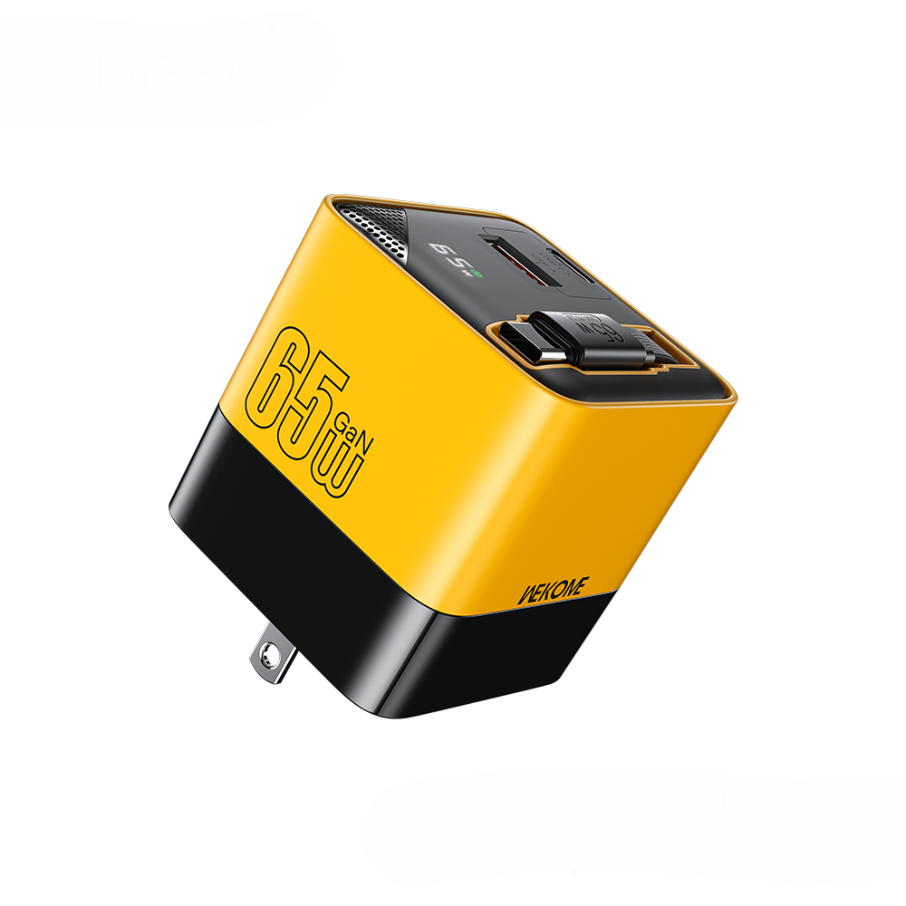 wp-u39 us infinity 65w charger with retractable cable multi port fast charging in yellow color