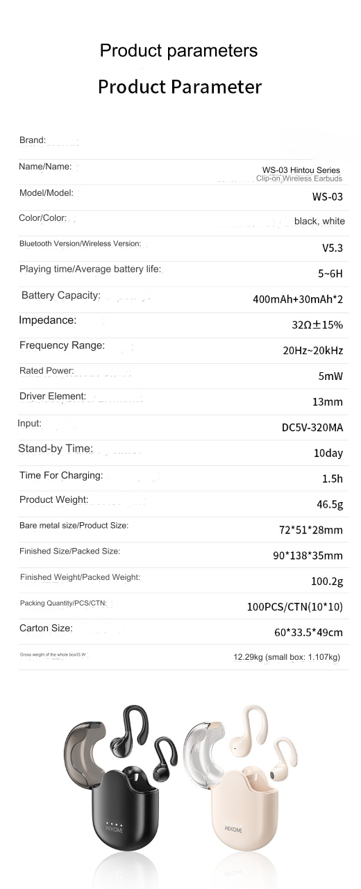 ws-03 hintou series clip on wireless earbuds extended battery life premium sound quality parameters