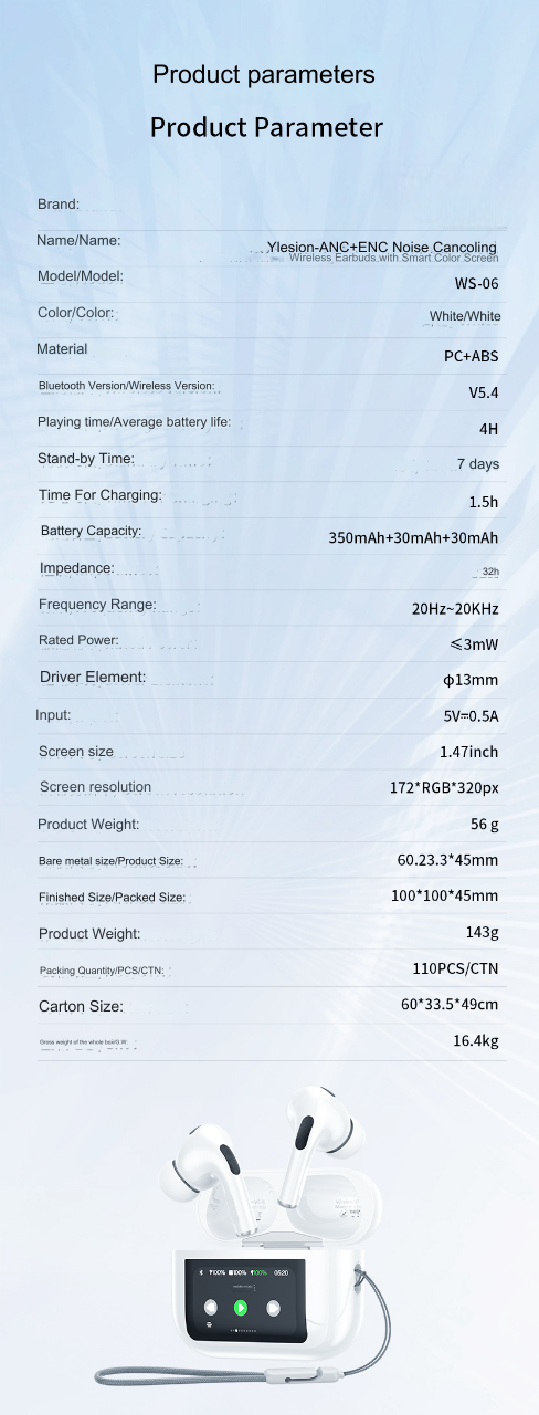 ws-06 yiesion anc enc wireless earbuds 30db noise cancellation 13mm drivers 180h battery life parameters