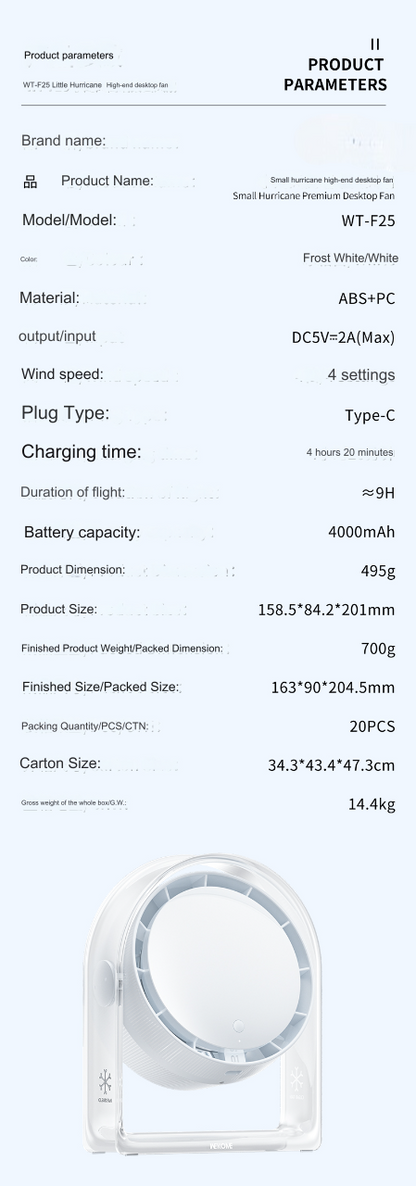 wt-f25 hurricane premium desktop fan portable rechargeable pamameters